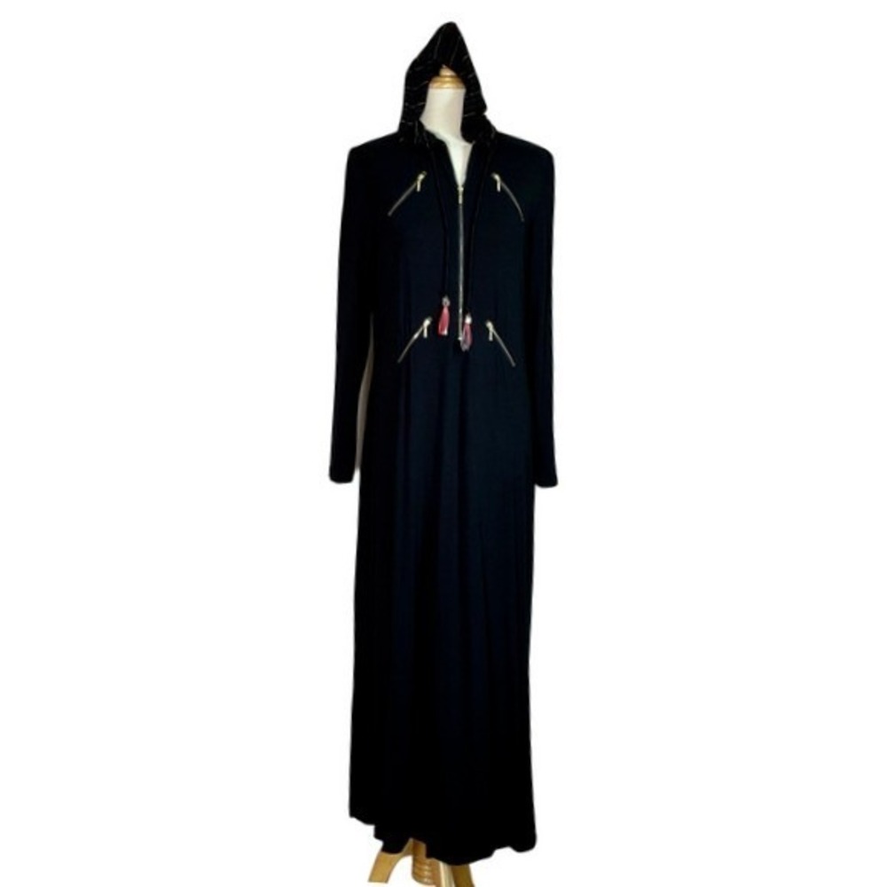 SIMONDONA Medium Vintage Black Hooded Maxi Dress Zippers Tassel Emo Goth Witchy‎